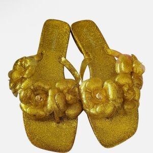 Jeffrey Campbell Jelly Flip Flop‎ Sandal Women’s 7 Floralee Gold Metallic New
